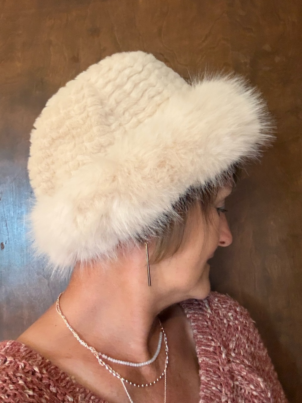 Faux Fur Bucket Hat, Cream Color, Quilted Inside, Ribbon Drawstring Inside